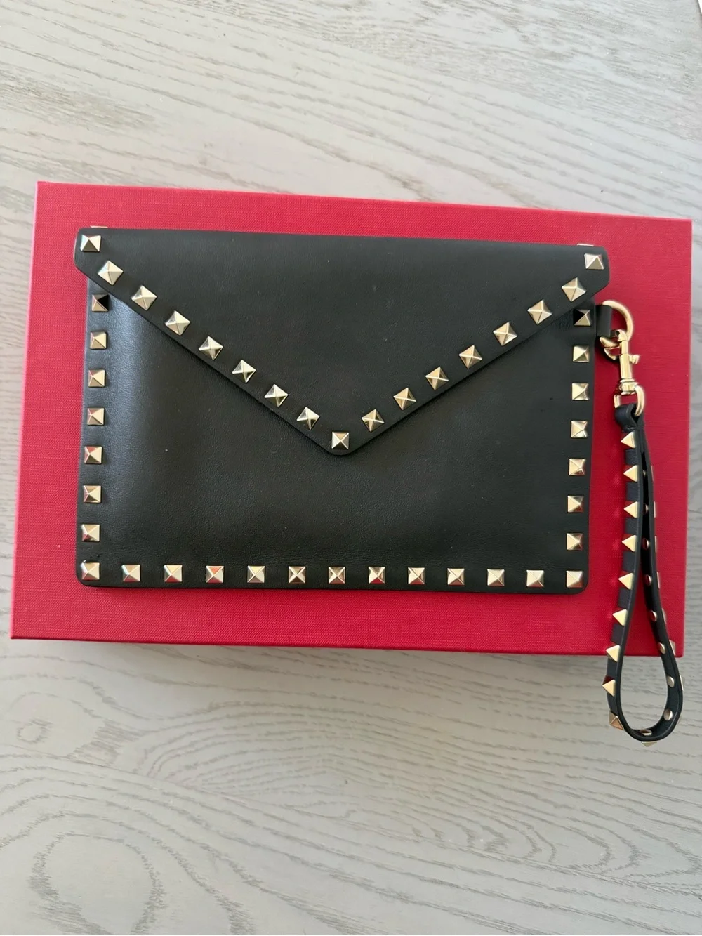NWT Valentino Black Studded Envelope Wristlet Clutch - Gold Hardware pouch